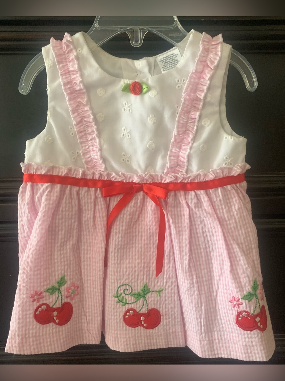 Pink & White Cherry Embroidered Girls' Casual Dress
